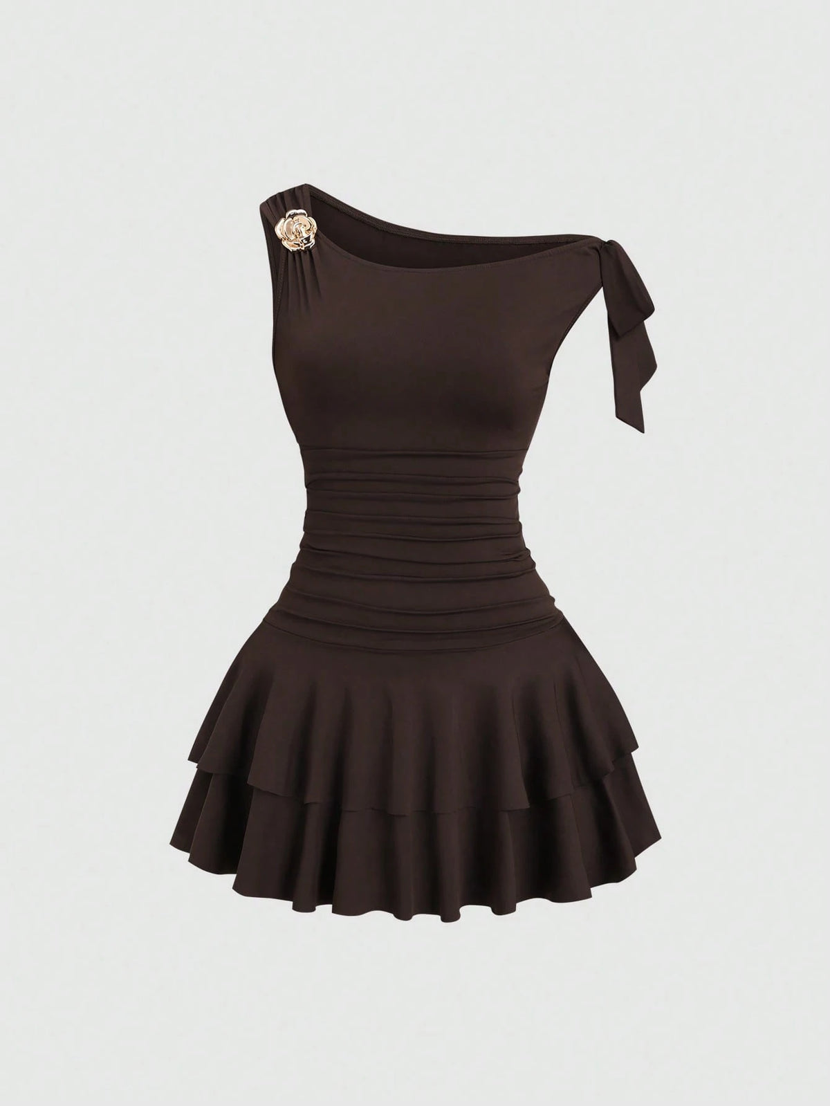Sweetra Women's Metal Flower Decor Ruched Shoulder Ruched Hem Fashionable Dress