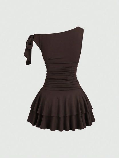 Sweetra Women's Metal Flower Decor Ruched Shoulder Ruched Hem Fashionable Dress