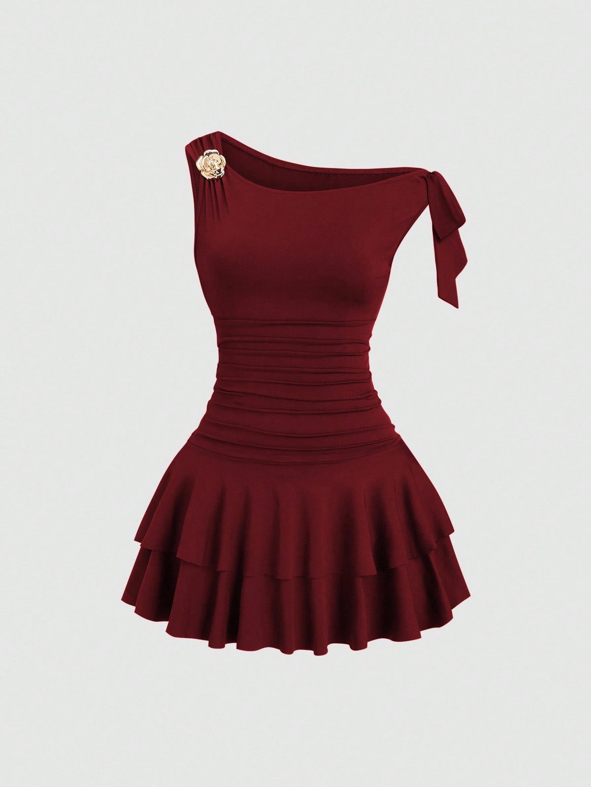 Sweetra Women's Metal Flower Decor Ruched Shoulder Ruched Hem Fashionable Dress