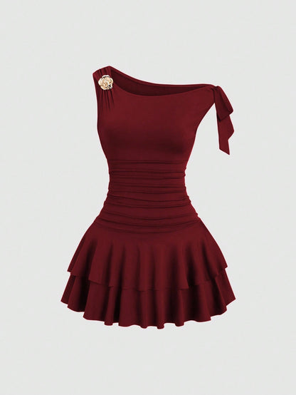 Sweetra Women's Metal Flower Decor Ruched Shoulder Ruched Hem Fashionable Dress