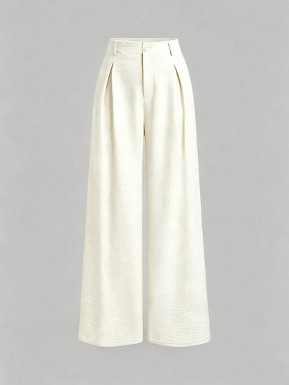 Sweetra Women's New Fashion Versatile Retro Elegant Color Woven Faux Linen Pleated Wide Leg Long Pants
