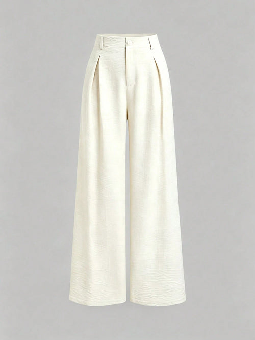 Sweetra Women's New Fashion Versatile Retro Elegant Color Woven Faux Linen Pleated Wide Leg Long Pants