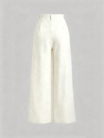 Sweetra Women's New Fashion Versatile Retro Elegant Color Woven Faux Linen Pleated Wide Leg Long Pants