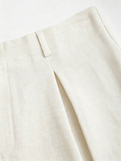 Sweetra Women's New Fashion Versatile Retro Elegant Color Woven Faux Linen Pleated Wide Leg Long Pants
