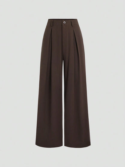 Sweetra Women's New Fashion Versatile Retro Elegant Color Woven Faux Linen Pleated Wide Leg Long Pants
