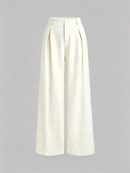 Sweetra Women's New Fashion Versatile Retro Elegant Color Woven Faux Linen Pleated Wide Leg Long Pants