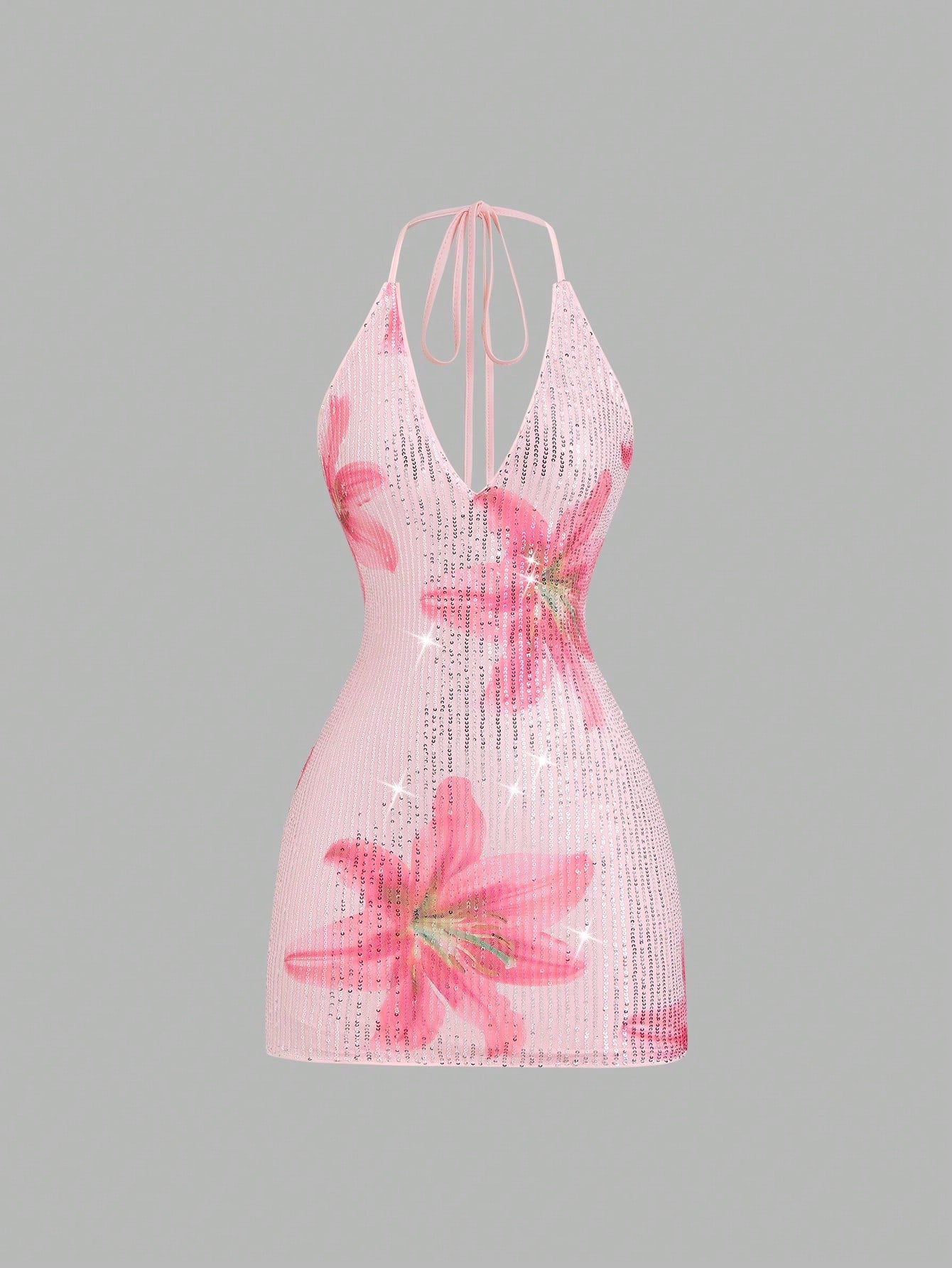 Sweetra Women's New Spring/Summer Suitable For Vacation, Party, Elegant Romantic Floral Sequin Fabric Deep V-Neck Design Backless Tie Strap Mini Dress