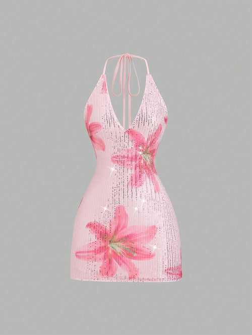 Sweetra Women's New Spring/Summer Suitable For Vacation, Party, Elegant Romantic Floral Sequin Fabric Deep V-Neck Design Backless Tie Strap Mini Dress