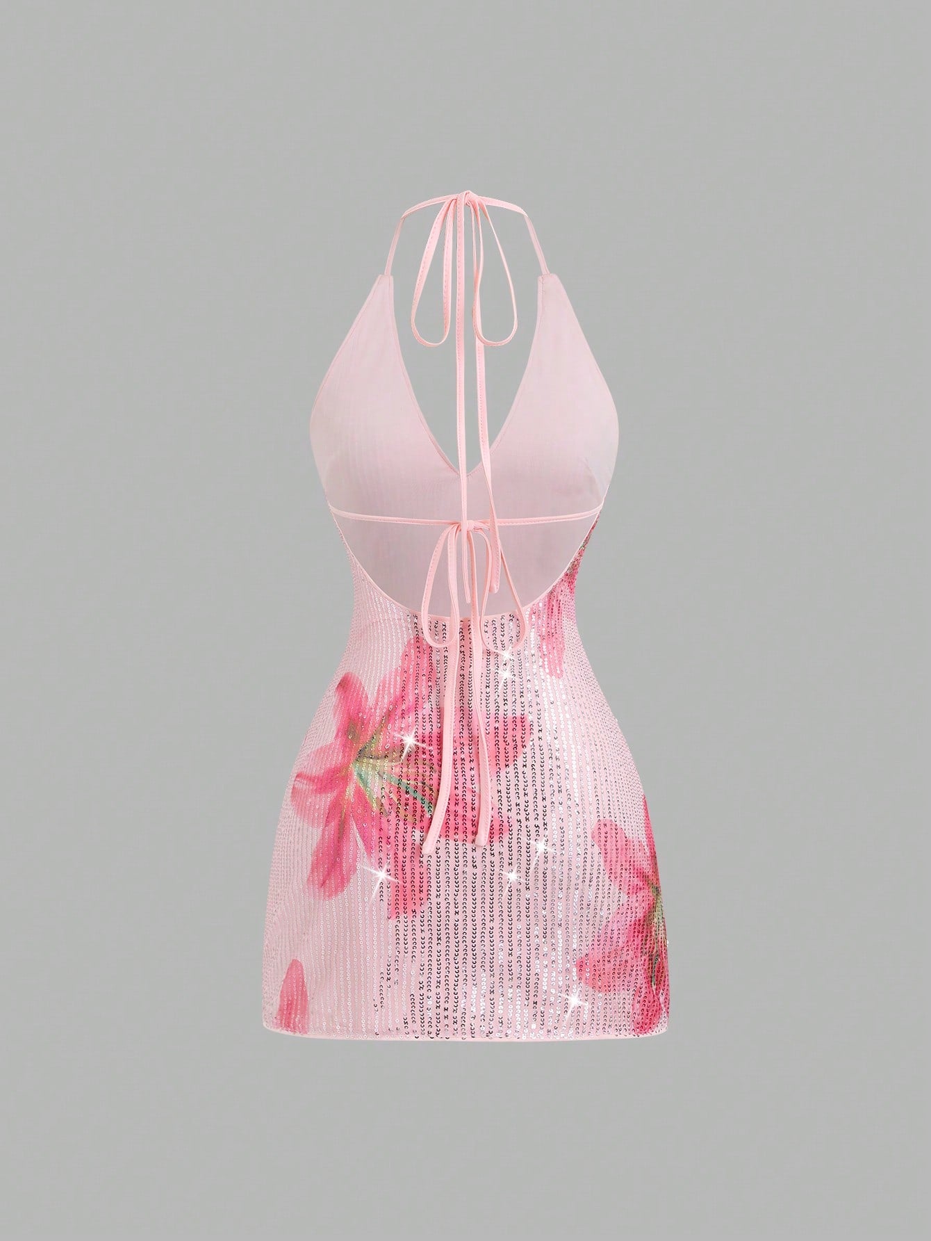 Sweetra Women's New Spring/Summer Suitable For Vacation, Party, Elegant Romantic Floral Sequin Fabric Deep V-Neck Design Backless Tie Strap Mini Dress