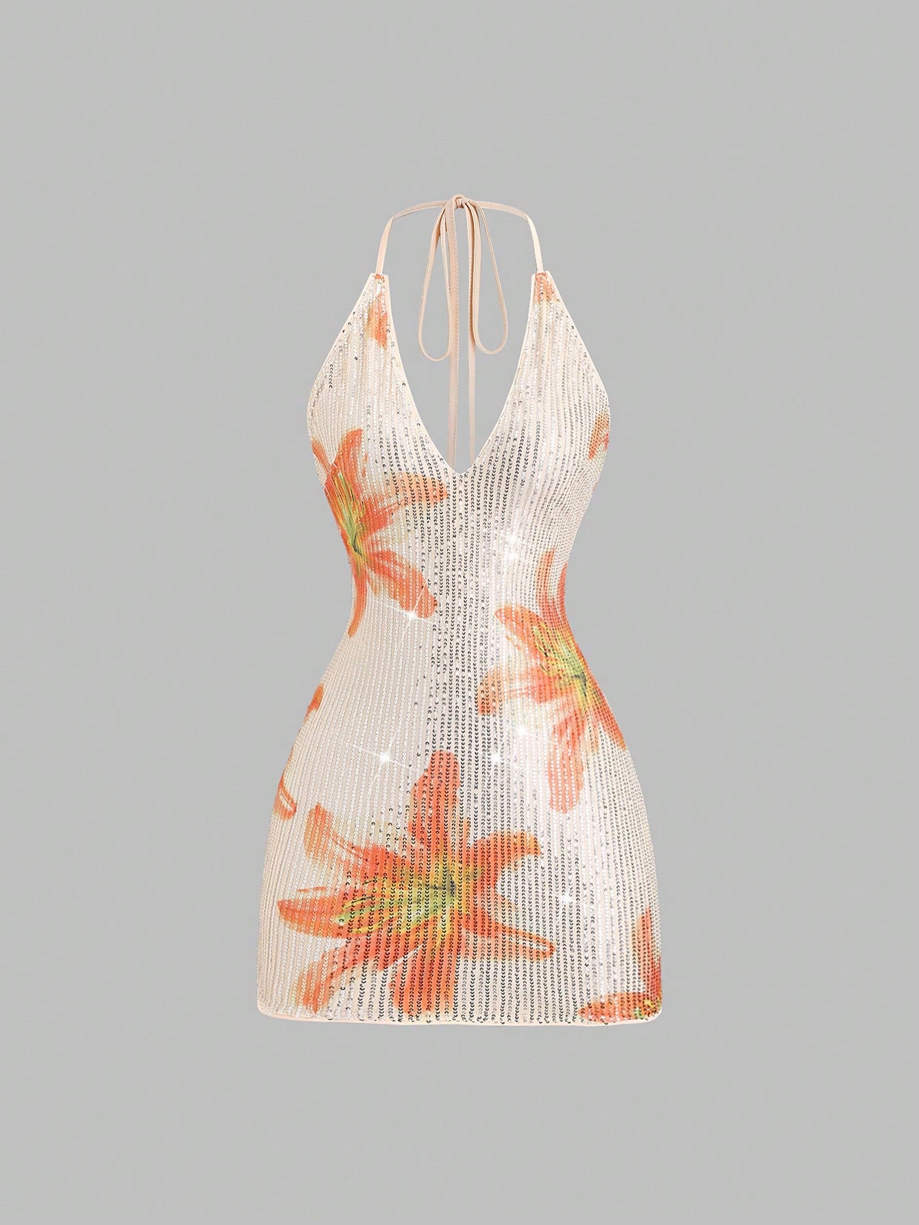 Sweetra Women's New Spring/Summer Suitable For Vacation, Party, Elegant Romantic Floral Sequin Fabric Deep V-Neck Design Backless Tie Strap Mini Dress