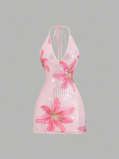 Sweetra Women's New Spring/Summer Suitable For Vacation, Party, Elegant Romantic Floral Sequin Fabric Deep V-Neck Design Backless Tie Strap Mini Dress