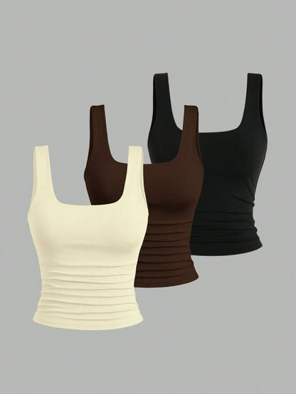 Sweetra Women's Solid Color Square Neck Pleated Casual Versatile Tank Top