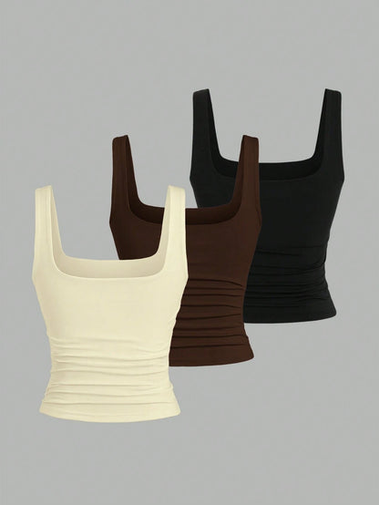 Sweetra Women's Solid Color Square Neck Pleated Casual Versatile Tank Top
