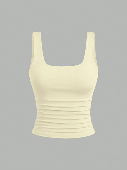 Sweetra Women's Solid Color Square Neck Pleated Casual Versatile Tank Top