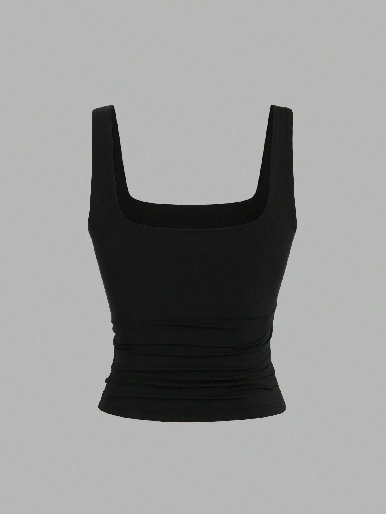 Sweetra Women's Solid Color Square Neck Pleated Casual Versatile Tank Top