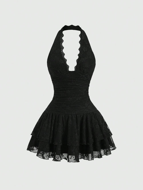 Sweetra Y2K Sexy Lace Halter Elegant Sweet Pleated Chiffon Dress, Suitable For Commuting