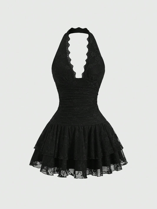 Sweetra Y2K Sexy Lace Halter Elegant Sweet Pleated Chiffon Dress, Suitable For Commuting