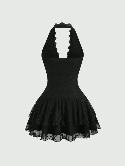 Sweetra Y2K Sexy Lace Halter Elegant Sweet Pleated Chiffon Dress, Suitable For Commuting