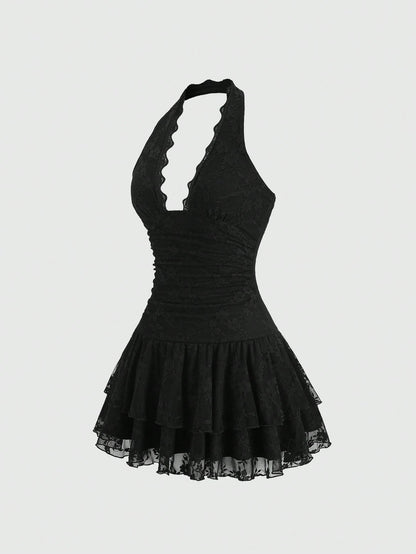 Sweetra Y2K Sexy Lace Halter Elegant Sweet Pleated Chiffon Dress, Suitable For Commuting