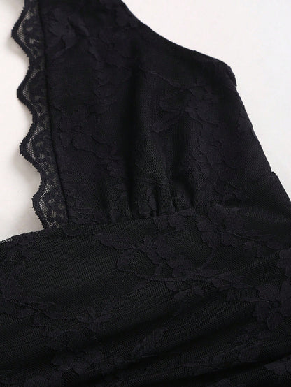 Sweetra Y2K Sexy Lace Halter Elegant Sweet Pleated Chiffon Dress, Suitable For Commuting