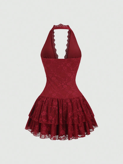 Sweetra Y2K Sexy Lace Halter Elegant Sweet Pleated Chiffon Dress, Suitable For Commuting
