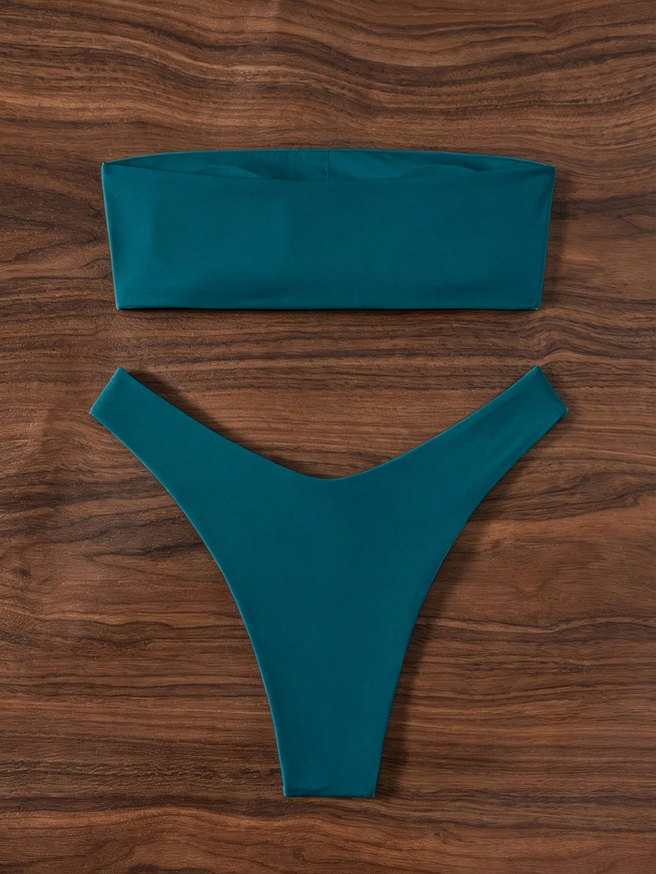 Swim Basics Women's Summer Beach Party Solid Color Sexy Bandeau Bikini Swimwear Set Teal