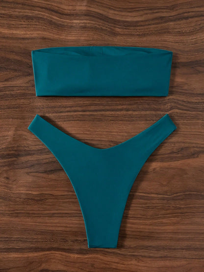 Swim Basics Women's Summer Beach Party Solid Color Sexy Bandeau Bikini Swimwear Set Teal