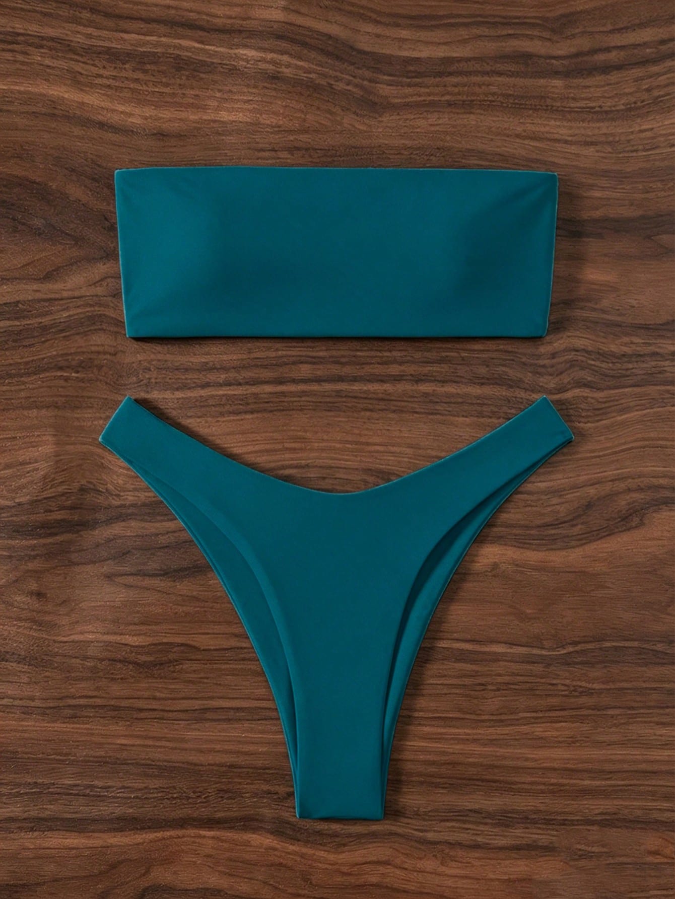 Swim Basics Women's Summer Beach Party Solid Color Sexy Bandeau Bikini Swimwear Set Teal