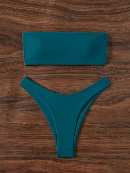 Swim Basics Women's Summer Beach Party Solid Color Sexy Bandeau Bikini Swimwear Set Teal
