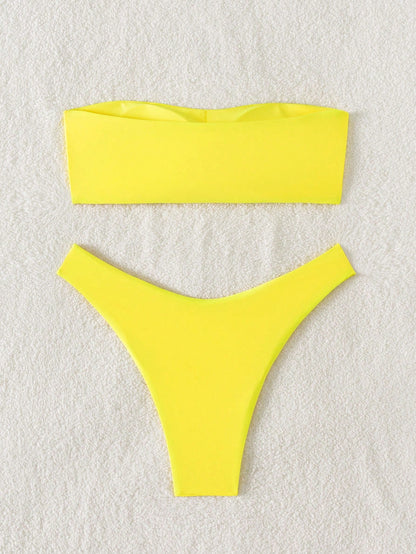 Swim Basics Women's Summer Beach Party Solid Color Sexy Bandeau Bikini Swimwear Set Teal