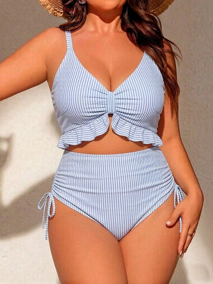 Swim Chiccia Plus Size Women One-Piece Swimsuit,Blue,Summer,Funny,Beach,Holiday,V-Neck,Adjustable Straps,Removable Pads,Ruffle Hem,Drawstring Waist, Swimwear