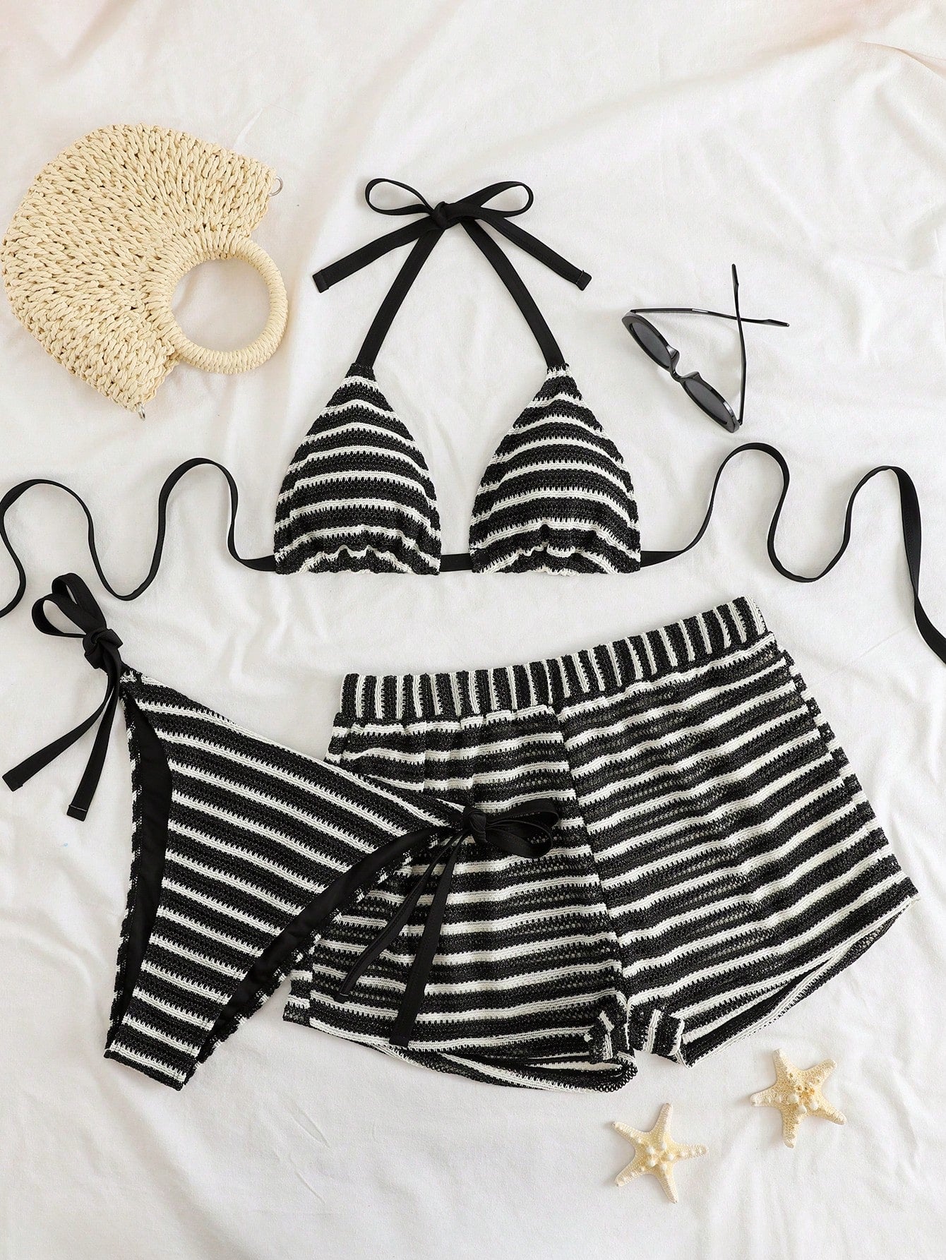 Swim Curve Plus Size Women 3-Piece Swimwear Set, Colorful Striped Halter Tankini Top With Bottoms And Cover Up Pants, Sexy Beach Vacation Swimwear