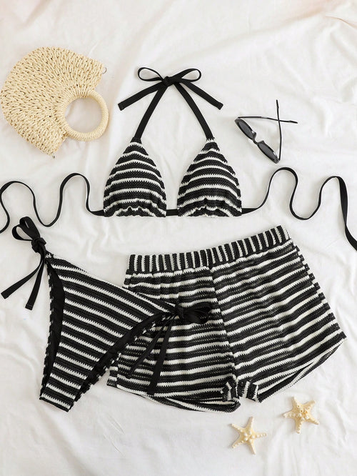 Swim Curve Plus Size Women 3-Piece Swimwear Set, Colorful Striped Halter Tankini Top With Bottoms And Cover Up Pants, Sexy Beach Vacation Swimwear