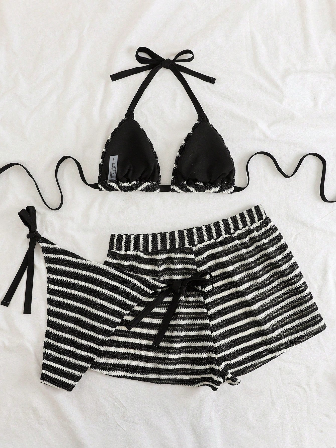 Swim Curve Plus Size Women 3-Piece Swimwear Set, Colorful Striped Halter Tankini Top With Bottoms And Cover Up Pants, Sexy Beach Vacation Swimwear