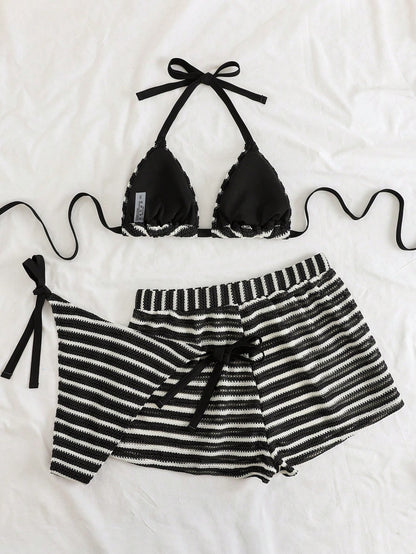 Swim Curve Plus Size Women 3-Piece Swimwear Set, Colorful Striped Halter Tankini Top With Bottoms And Cover Up Pants, Sexy Beach Vacation Swimwear
