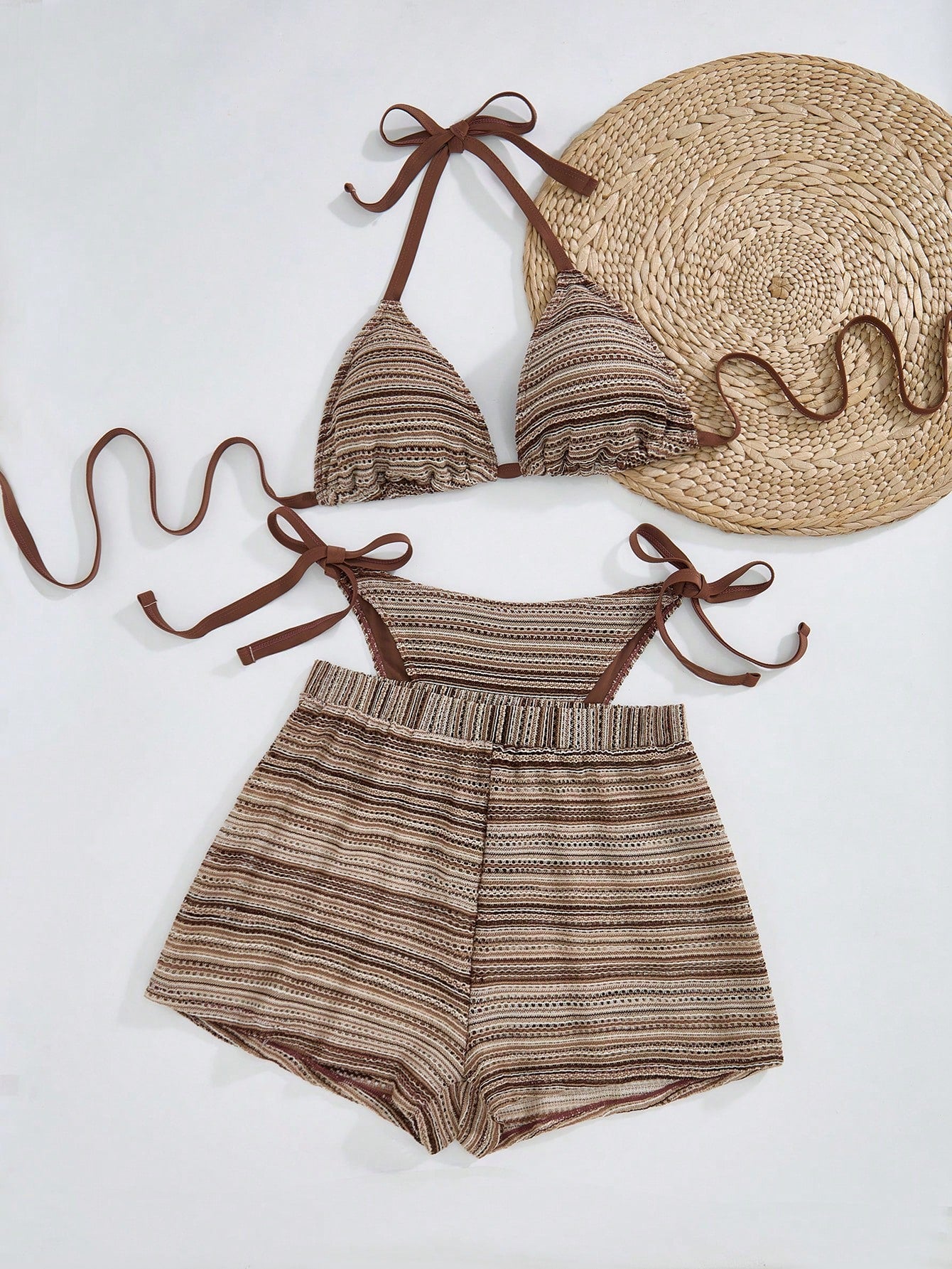 Swim Curve Plus Size Women 3-Piece Swimwear Set, Colorful Striped Halter Tankini Top With Bottoms And Cover Up Pants, Sexy Beach Vacation Swimwear