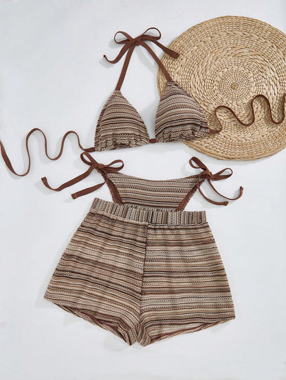 Swim Curve Plus Size Women 3-Piece Swimwear Set, Colorful Striped Halter Tankini Top With Bottoms And Cover Up Pants, Sexy Beach Vacation Swimwear