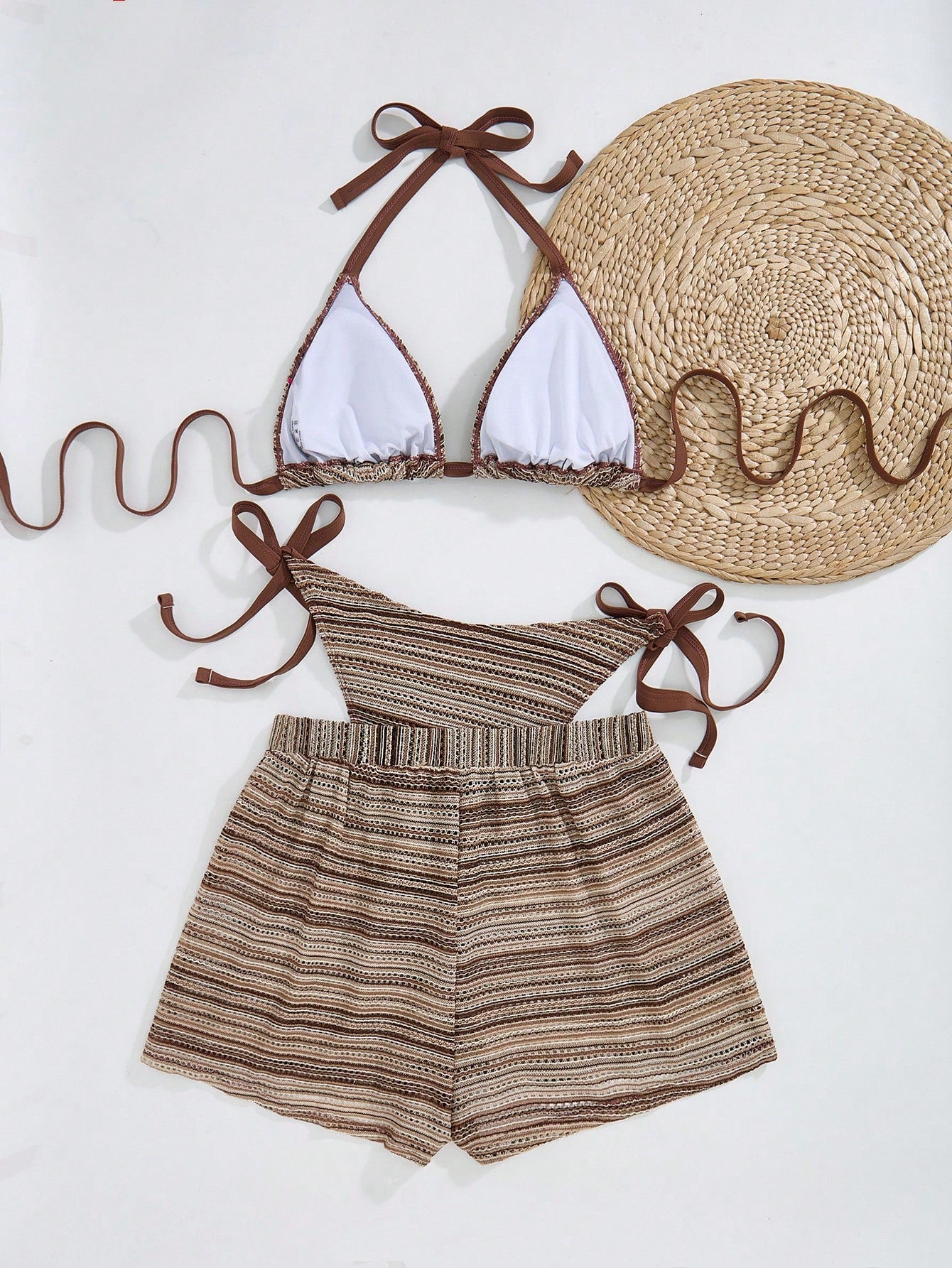 Swim Curve Plus Size Women 3-Piece Swimwear Set, Colorful Striped Halter Tankini Top With Bottoms And Cover Up Pants, Sexy Beach Vacation Swimwear