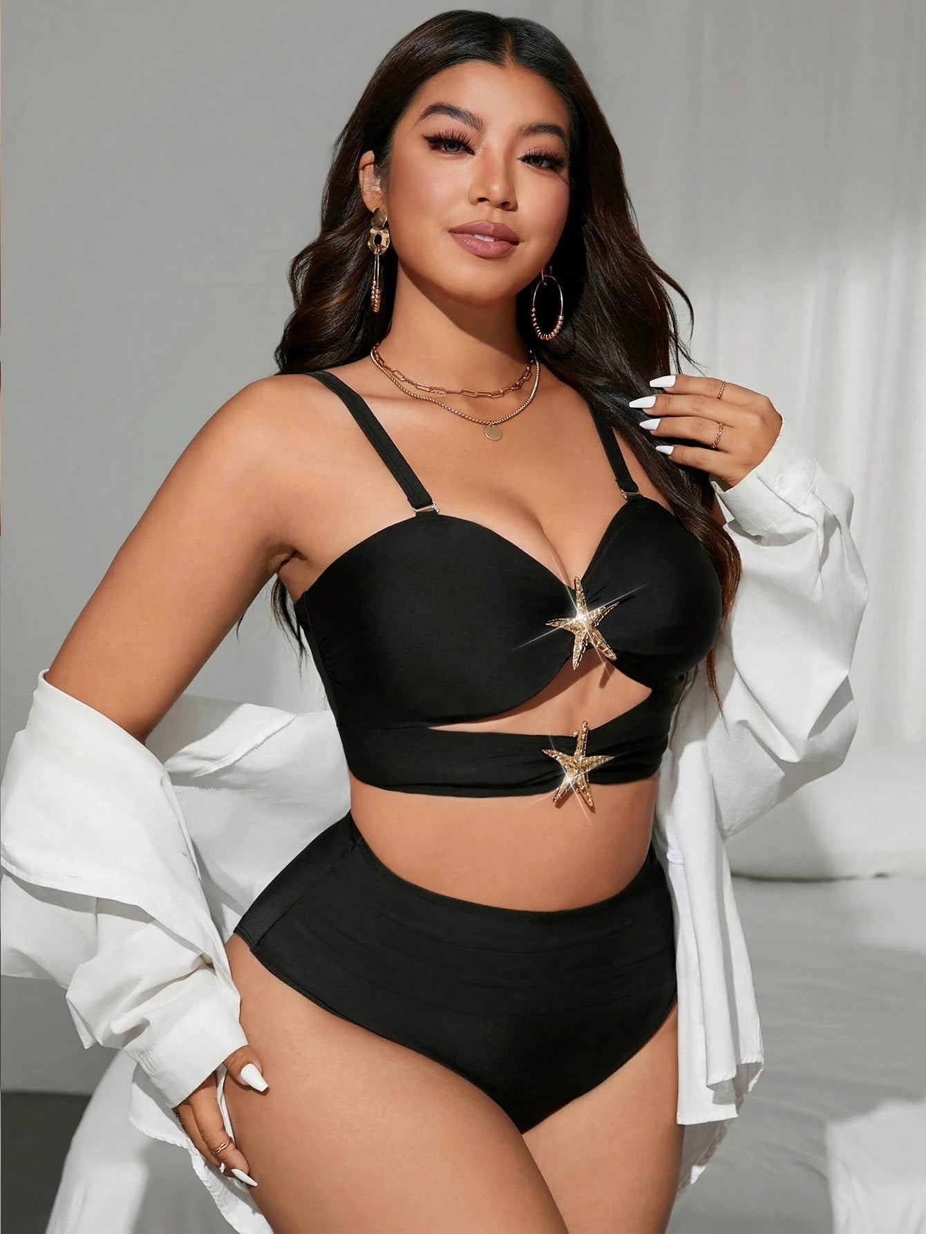 Swim Curve Plus Size Women Oasis Series Black 2Pcs Spaghetti Strap Hollow Out High Waisted Swimwear Bikini Set, Summer Beach Holiday