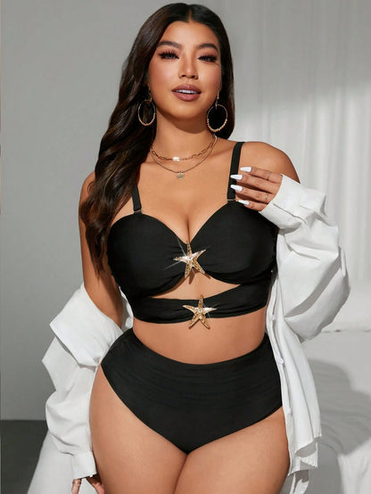 Swim Curve Plus Size Women Oasis Series Black 2Pcs Spaghetti Strap Hollow Out High Waisted Swimwear Bikini Set, Summer Beach Holiday