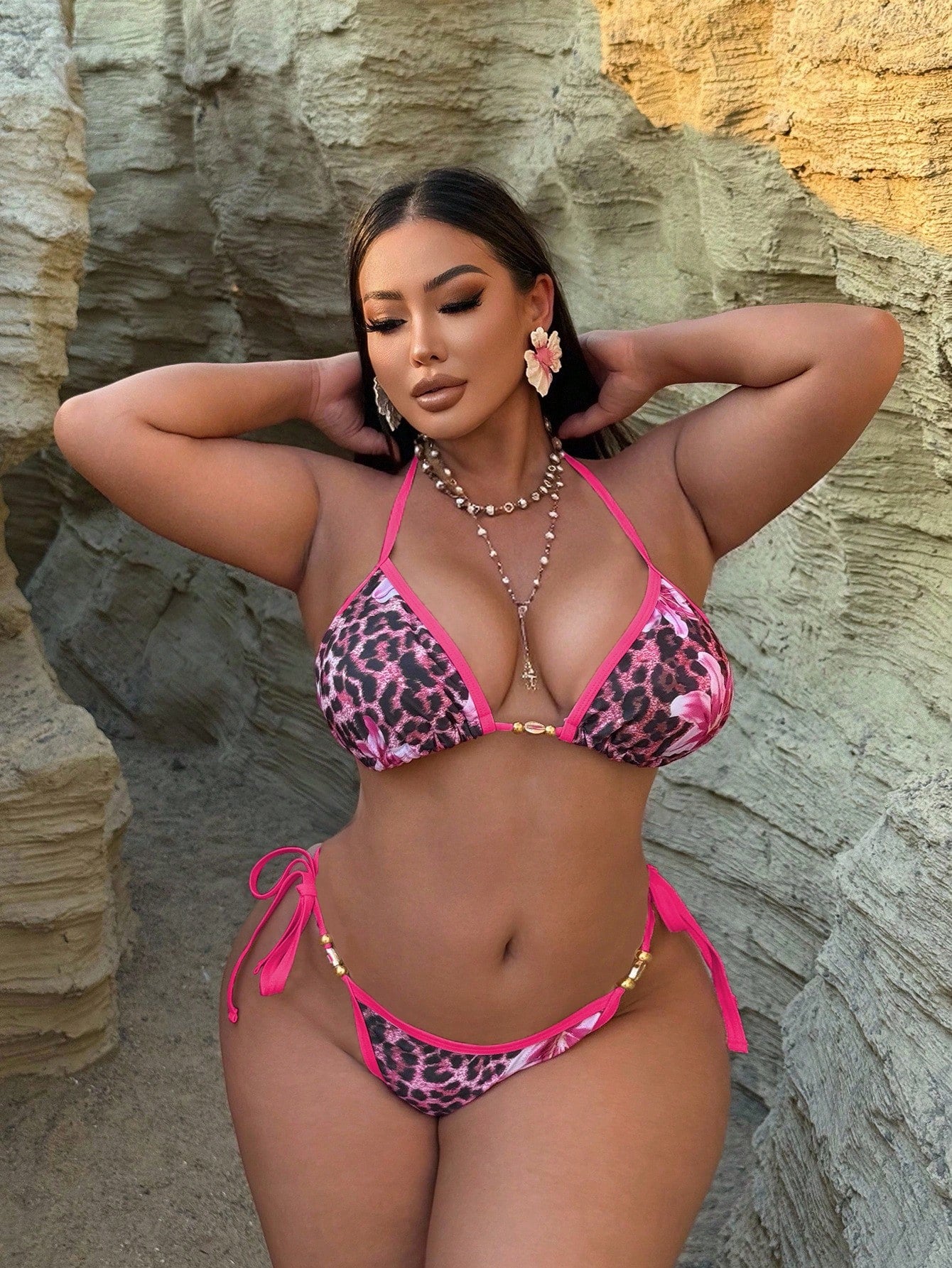 Swim Curve Plus Size Women's Multi-Color Printed Halter Neck Tankini Top With Tie Side Bottoms, Sexy Casual Beach Holiday Swimwear Set