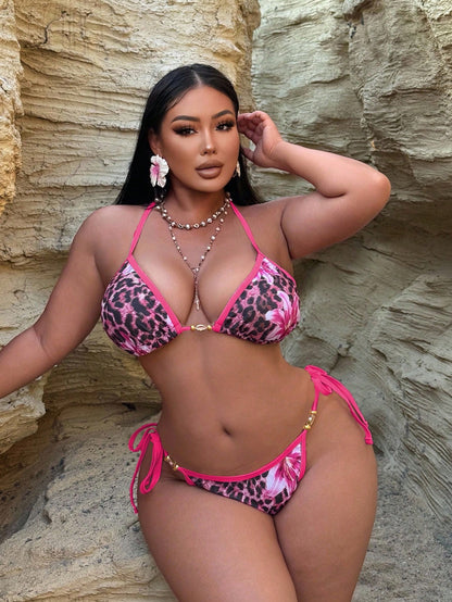 Swim Curve Plus Size Women's Multi-Color Printed Halter Neck Tankini Top With Tie Side Bottoms, Sexy Casual Beach Holiday Swimwear Set