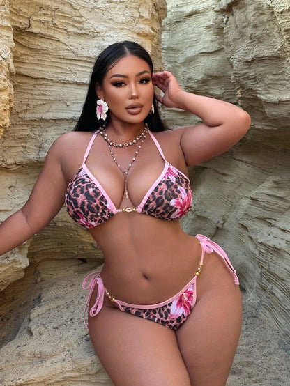 Swim Curve Plus Size Women's Multi-Color Printed Halter Neck Tankini Top With Tie Side Bottoms, Sexy Casual Beach Holiday Swimwear Set