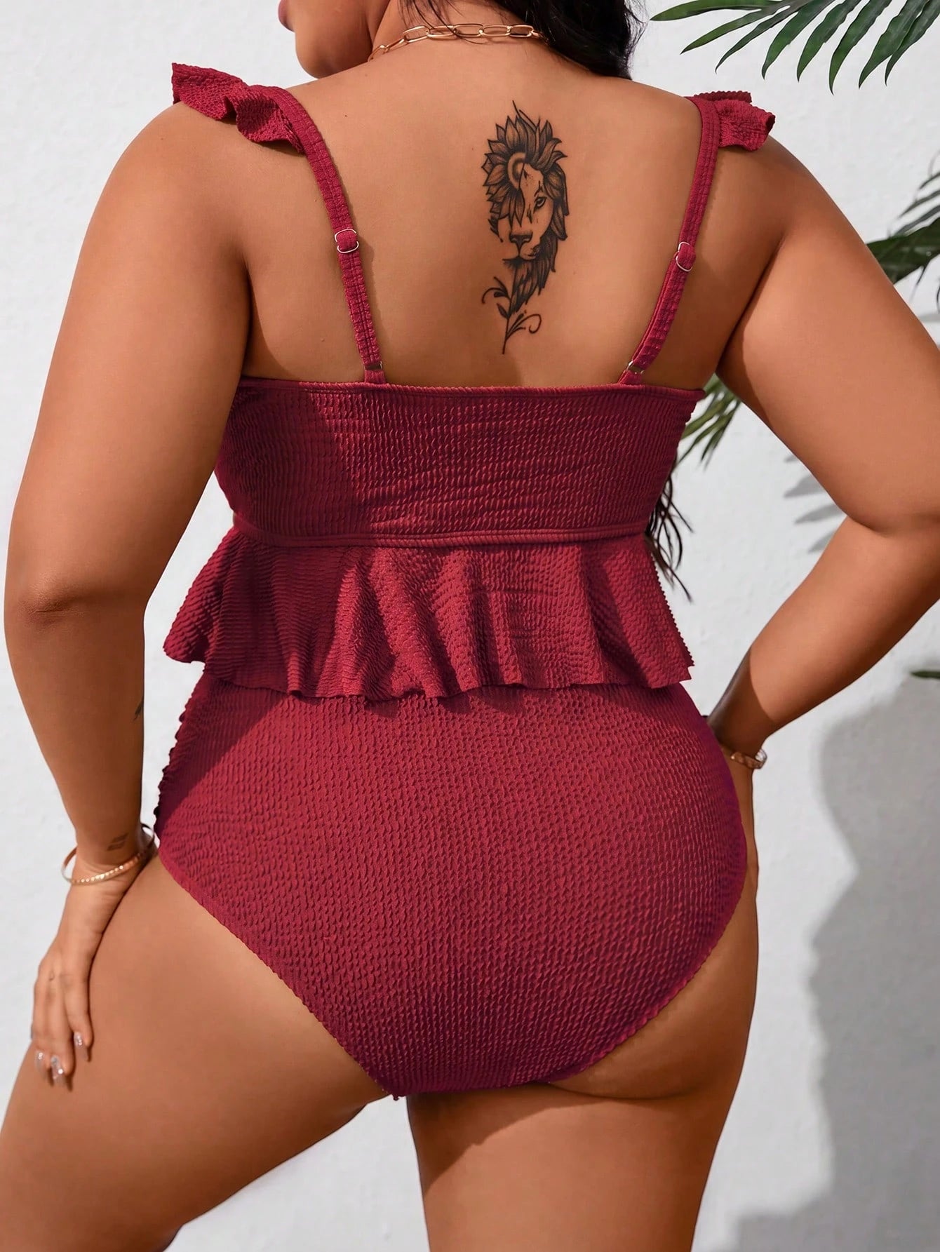 Swim Curve Plus Size Women Solid Color Ruffle Trim Tankini Swimwear Set