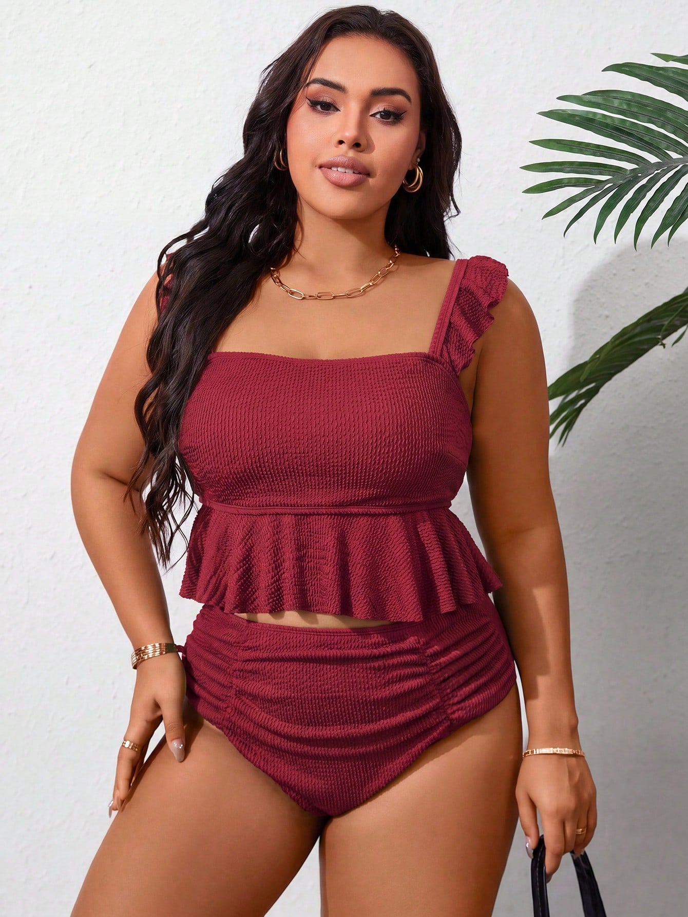 Swim Curve Plus Size Women Solid Color Ruffle Trim Tankini Swimwear Set