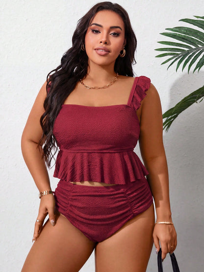 Swim Curve Plus Size Women Solid Color Ruffle Trim Tankini Swimwear Set