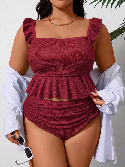 Swim Curve Plus Size Women Solid Color Ruffle Trim Tankini Swimwear Set