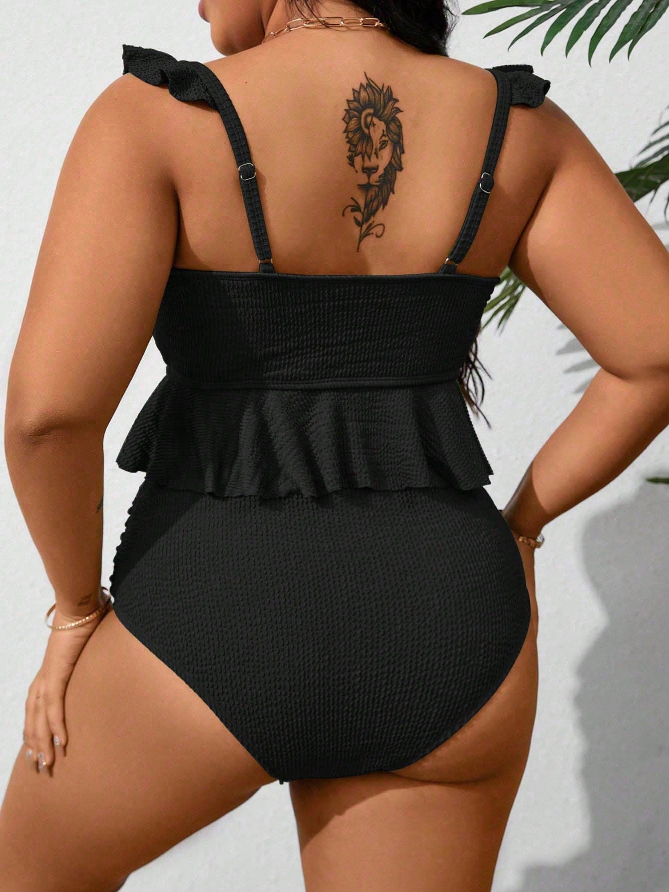 Swim Curve Plus Size Women Solid Color Ruffle Trim Tankini Swimwear Set