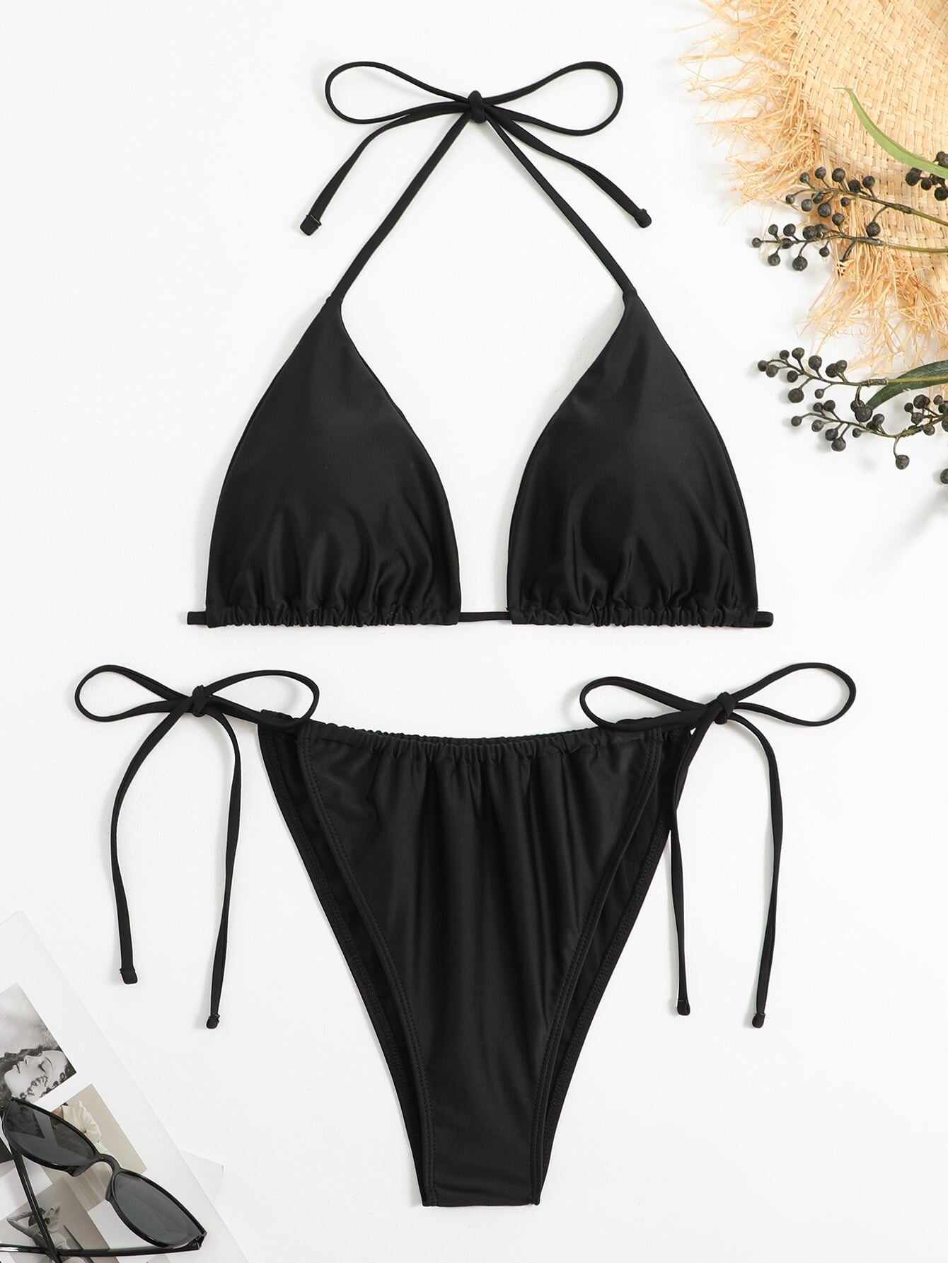 Swim Curve Summer Beach Plus Size Mono Bikini Set Halter Triangle Bra & Tie Side Bikini Bottom 2 Pieces Bikini