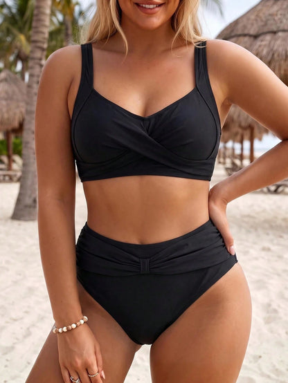 Swim Lushoire 2026 New Plus Size Women 2-Piece Set Black Double Shoulder Small V-Neck Top With High Waist Printed Belt High Waist Pants, Beach Vacation, Summer Holiday Outfit, Party Wear, Elegant Wome
